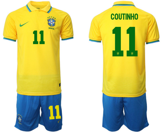 Men's Brazil #11 Coutinho Yellow Home Soccer Jersey Suit